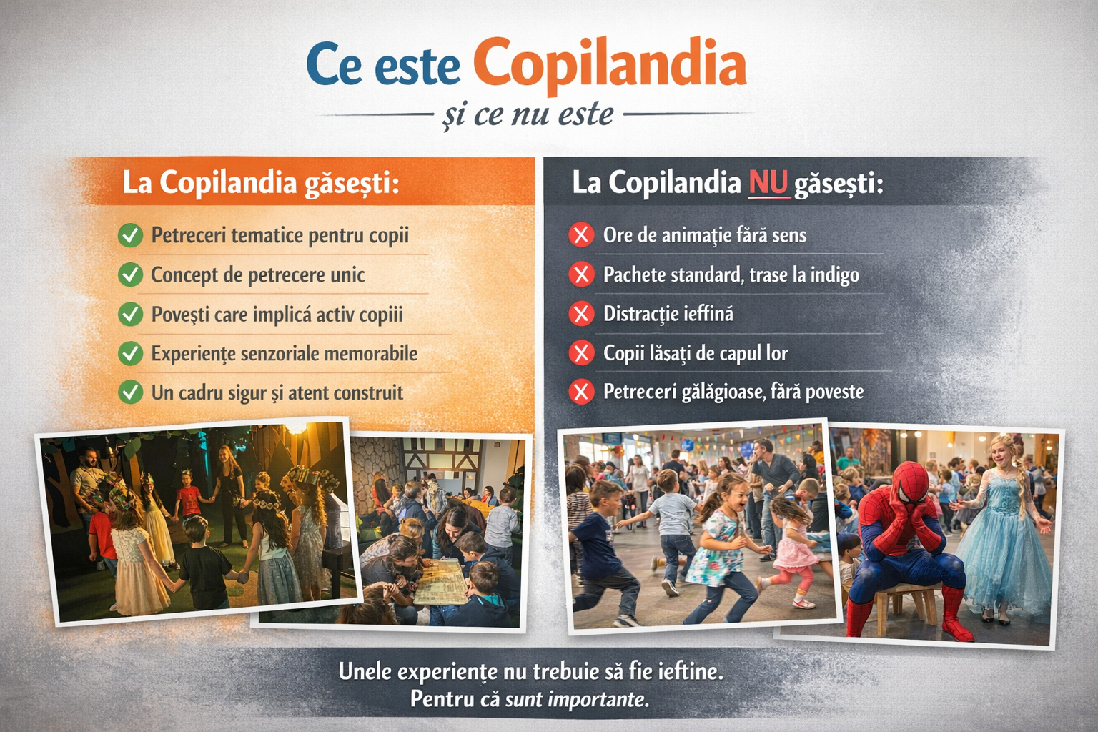 Copii implicați într-o experiență de petrecere tematică la Copilandia, participând activ la povești ghidate, jocuri de grup și activități senzoriale, într-un cadru sigur și atent organizat, spre deosebire de petrecerile haotice și animația fără conținut.